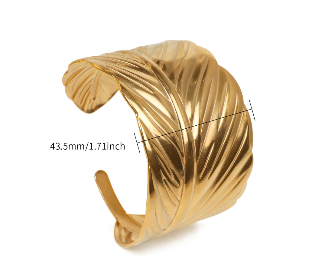 Leaf Design Gold Cuff Bracelet | Nature Inspired Jewelry | Luxury Gold Plated Open Bangle